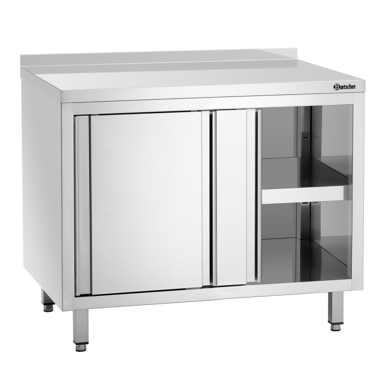 Meuble en Inox avec Portes Coulissantes, Etagère et Dosseret - L 1000 mm Meuble en Inox avec Portes Coulissantes, Etagère et Dosseret - L 1000 mm