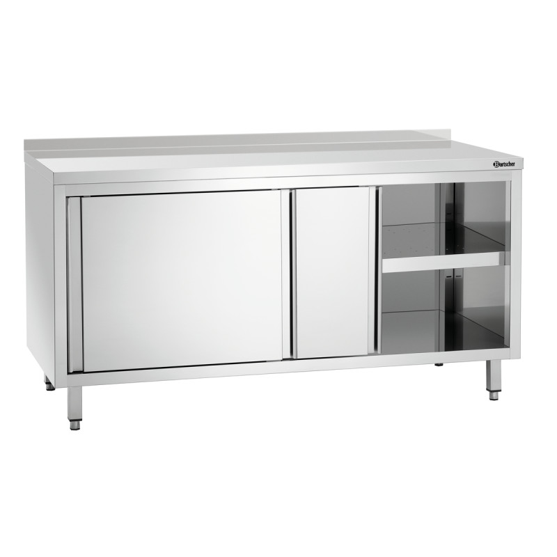 Stainless Steel Cabinet with Sliding Doors, Shelf, and Backsplash - L 1600 mm Stainless Steel Cabinet with Sliding Doors, Shelf, and Backsplash - L 1600 mm