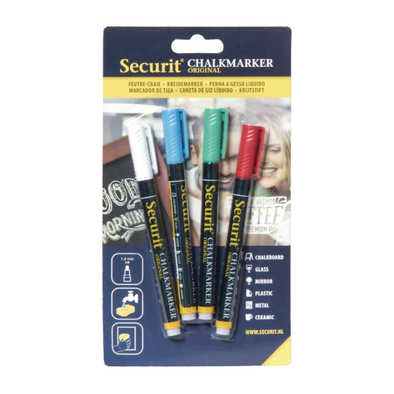 Assortii vedelate kriidipliiatside komplekt - 4 tk - Securit - Fourniresto Assortii vedelate kriidipliiatside komplekt - 4 tk - Securit - Fourniresto