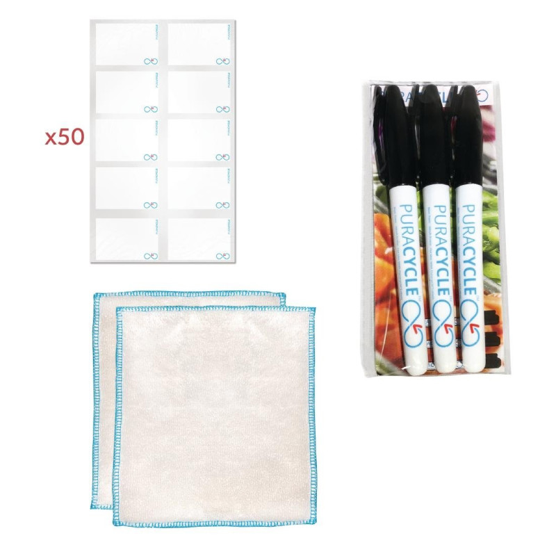 Lot of 50 Reusable Blank Labels, 3 Markers, and 2 Cloths - FourniResto Lot of 50 Reusable Blank Labels, 3 Markers, and 2 Cloths - FourniResto