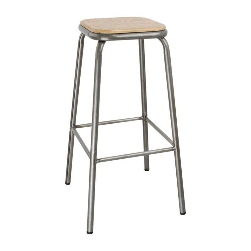 High Galvanized Steel Stool with Wooden Seat - Set of 4 - Bolero High Galvanized Steel Stool with Wooden Seat - Set of 4 - Bolero