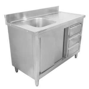 Meuble Plonge 1 Bac avec Dosseret et 3 Tiroirs - 1200 x 600 mm - Bac à Gauche - Dynasteel