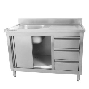Meuble Plonge 1 Bac avec Dosseret et 3 Tiroirs - 1200 x 600 mm - Bac à Gauche - Dynasteel