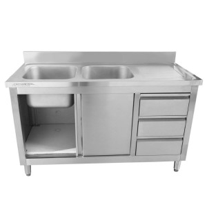 Meubel Kraanikauss 2 Vanni koos Tagapaneeli ja 3 Sahtliga - 1400 x 600 mm - Vann Vasakul - Dynasteel