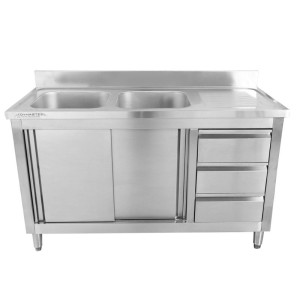 Meubel Kraanikauss 2 Vanni koos Tagapaneeli ja 3 Sahtliga - 1400 x 600 mm - Vann Vasakul - Dynasteel
